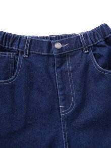 SHEIN 男童復古韓系街頭風海軍藍水洗牛仔長褲，寬鬆直筒修身錐腳中腰休閒校園度假夏季牛仔褲 - 深色水洗藍 - 查看 9