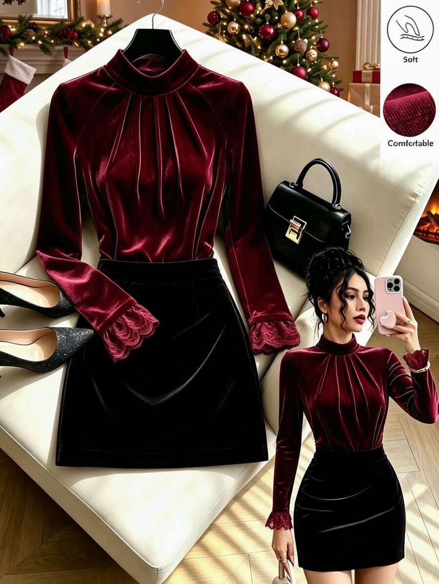 SHEIN LUNE Women's Round Neck Solid Color Cuff Lace Trim Elegant Casual Daily Commute Office Inner Layer Top T-Shirt - Burgundy - View 1