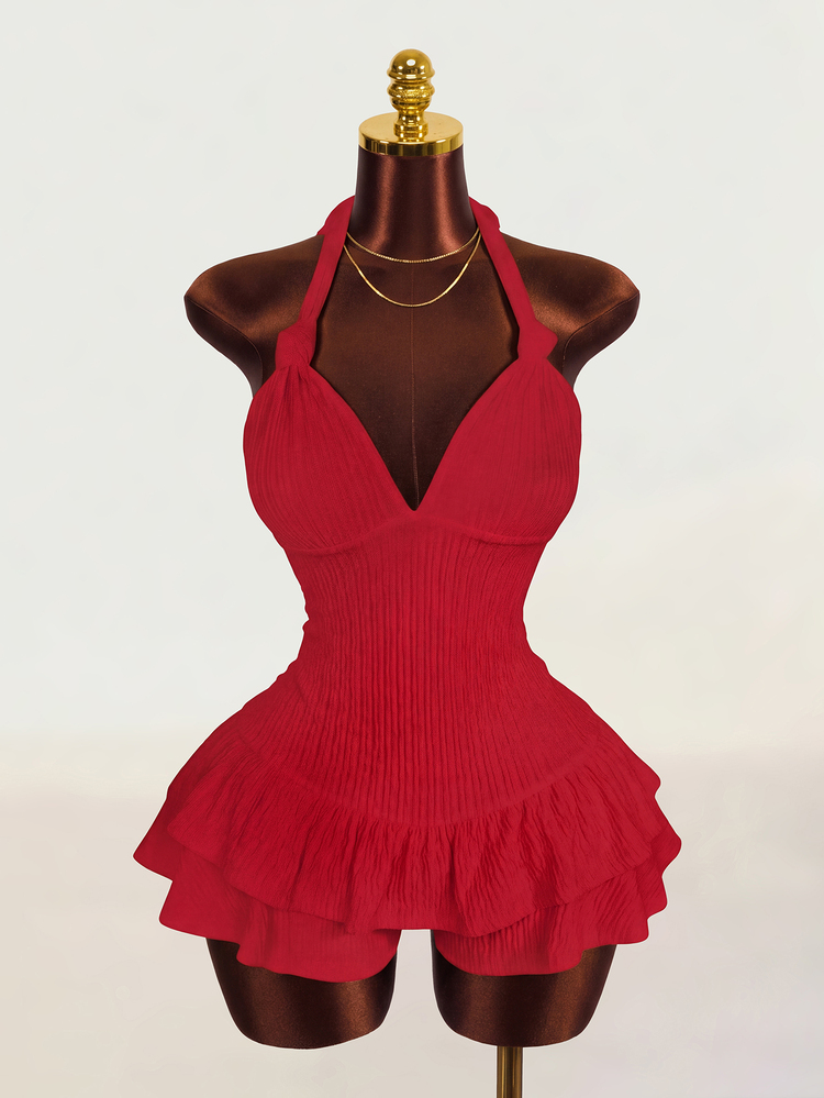 Mistrie Women's Solid Color Halter Tie Ruffle Hem Bodycon Jumpsuit Night Out Red Summer Bandage - Red - View 1