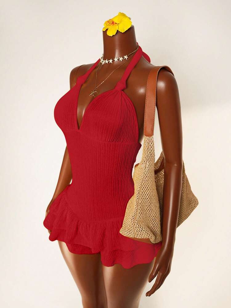 Mistrie Women's Solid Color Halter Tie Ruffle Hem Bodycon Jumpsuit Night Out Red Summer Bandage - Red - View 4
