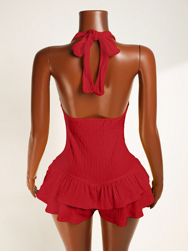 Mistrie Women's Solid Color Halter Tie Ruffle Hem Bodycon Jumpsuit Night Out Red Summer Bandage - Red - View 2