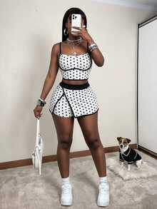 Mistrie White And Black Polka Dot Camisole And Colorblock Skort Sports Set Going Out Night Out Vacation Club Summer Sexy 90s Retro 70s Retro - Black and White - View 6