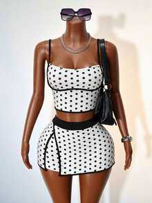 Mistrie White And Black Polka Dot Camisole And Colorblock Skort Sports Set Going Out Night Out Vacation Club Summer Sexy 90s Retro 70s Retro - Black and White - View 4