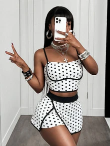 Mistrie White And Black Polka Dot Camisole And Colorblock Skort Sports Set Going Out Night Out Vacation Club Summer Sexy 90s Retro 70s Retro - Black and White - View 9