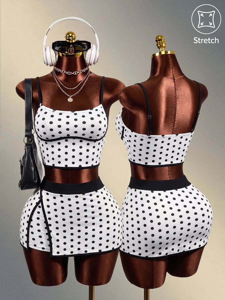 Mistrie White And Black Polka Dot Camisole And Colorblock Skort Sports Set Going Out Night Out Vacation Club Summer Sexy 90s Retro 70s Retro