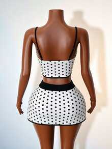 Mistrie White And Black Polka Dot Camisole And Colorblock Skort Sports Set Going Out Night Out Vacation Club Summer Sexy 90s Retro 70s Retro - Black and White - View 3