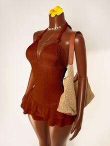 Mistrie Women's Solid Color Halter Tie Ruffle Hem Bodycon Jumpsuit Party Night Club Rust Brown Summer - Brown - View 5
