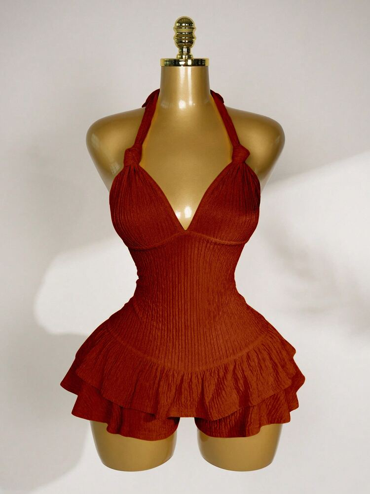 Mistrie Women's Solid Color Halter Tie Ruffle Hem Bodycon Jumpsuit Party Night Club Rust Brown Summer - Brown - View 3