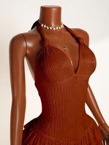 Mistrie Women's Solid Color Halter Tie Ruffle Hem Bodycon Jumpsuit Party Night Club Rust Brown Summer - Brown - View 6