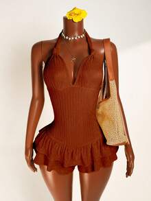 Mistrie Women's Solid Color Halter Tie Ruffle Hem Bodycon Jumpsuit Party Night Club Rust Brown Summer - Brown - View 7