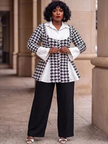 Slaydiva Jaket Lengan Lonceng Motif Houndstooth untuk Wanita Ukuran Besar - Hitam dan Putih - View 9