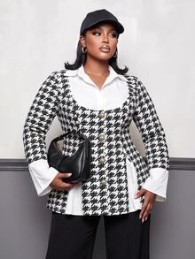 Slaydiva Jaket Lengan Lonceng Motif Houndstooth untuk Wanita Ukuran Besar - Hitam dan Putih - View 5