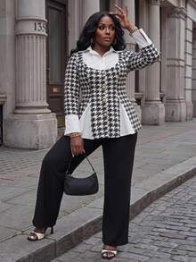 Slaydiva Jaket Lengan Lonceng Motif Houndstooth untuk Wanita Ukuran Besar - Hitam dan Putih - View 2