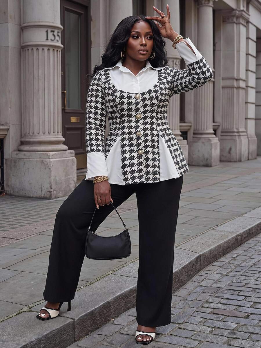 Slaydiva Jaket Lengan Lonceng Motif Houndstooth untuk Wanita Ukuran Besar