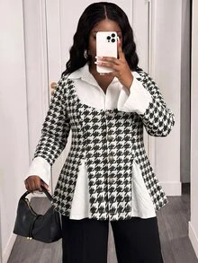 Slaydiva Jaket Lengan Lonceng Motif Houndstooth untuk Wanita Ukuran Besar - Hitam dan Putih - View 4