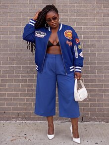 Slaydiva Jaket Bomber Wanita Ukuran Besar, Manset Garis Biru Tua dengan Bordir, Mantel Baseball Ukuran Besar untuk Musim Gugur - Biru - View 8