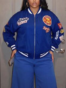 Slaydiva Jaket Bomber Wanita Ukuran Besar, Manset Garis Biru Tua dengan Bordir, Mantel Baseball Ukuran Besar untuk Musim Gugur - Biru - View 6