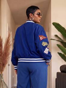 Slaydiva Jaket Bomber Wanita Ukuran Besar, Manset Garis Biru Tua dengan Bordir, Mantel Baseball Ukuran Besar untuk Musim Gugur - Biru - View 3