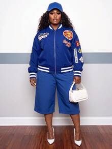 Slaydiva Jaket Bomber Wanita Ukuran Besar, Manset Garis Biru Tua dengan Bordir, Mantel Baseball Ukuran Besar untuk Musim Gugur - Biru - View 5
