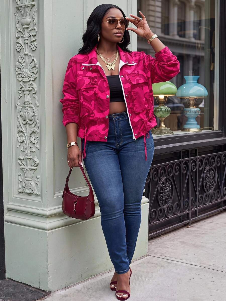 Slaydiva Plus Size Camouflage Print Drawstring Hem Jacket For Dailywear Winter Fall Autumn - Hot Pink - View 1