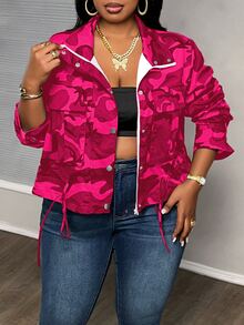 Slaydiva Plus Size Camouflage Print Drawstring Hem Jacket For Dailywear Winter Fall Autumn - Hot Pink - View 5