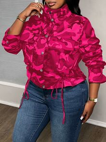 Slaydiva Plus Size Camouflage Print Drawstring Hem Jacket For Dailywear Winter Fall Autumn - Hot Pink - View 3
