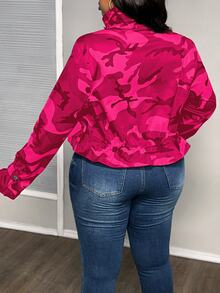 Slaydiva Plus Size Camouflage Print Drawstring Hem Jacket For Dailywear Winter Fall Autumn - Hot Pink - View 2