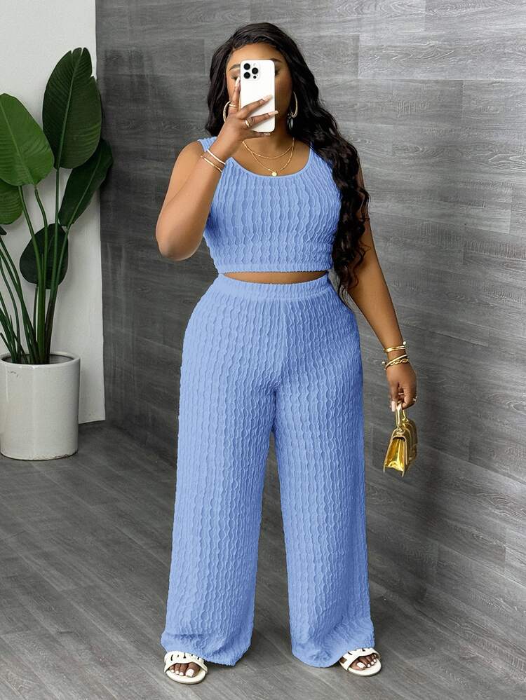 Veslaya Plus Size Solid White Long Casual Vest And Wide Leg Pants 2 Pieces Set, Spring/Summer - Baby Blue - View 6
