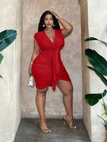 Veslaya Plus Size Elegant & Party & Dating Form-Fitting Solid Pink Dress With Chest Twist, Ruched Waist And Tie Belt Details, Mini Length, Spring/Summer - Red - View 4