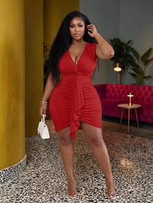 Veslaya Plus Size Elegant & Party & Dating Form-Fitting Solid Pink Dress With Chest Twist, Ruched Waist And Tie Belt Details, Mini Length, Spring/Summer - Red - View 1