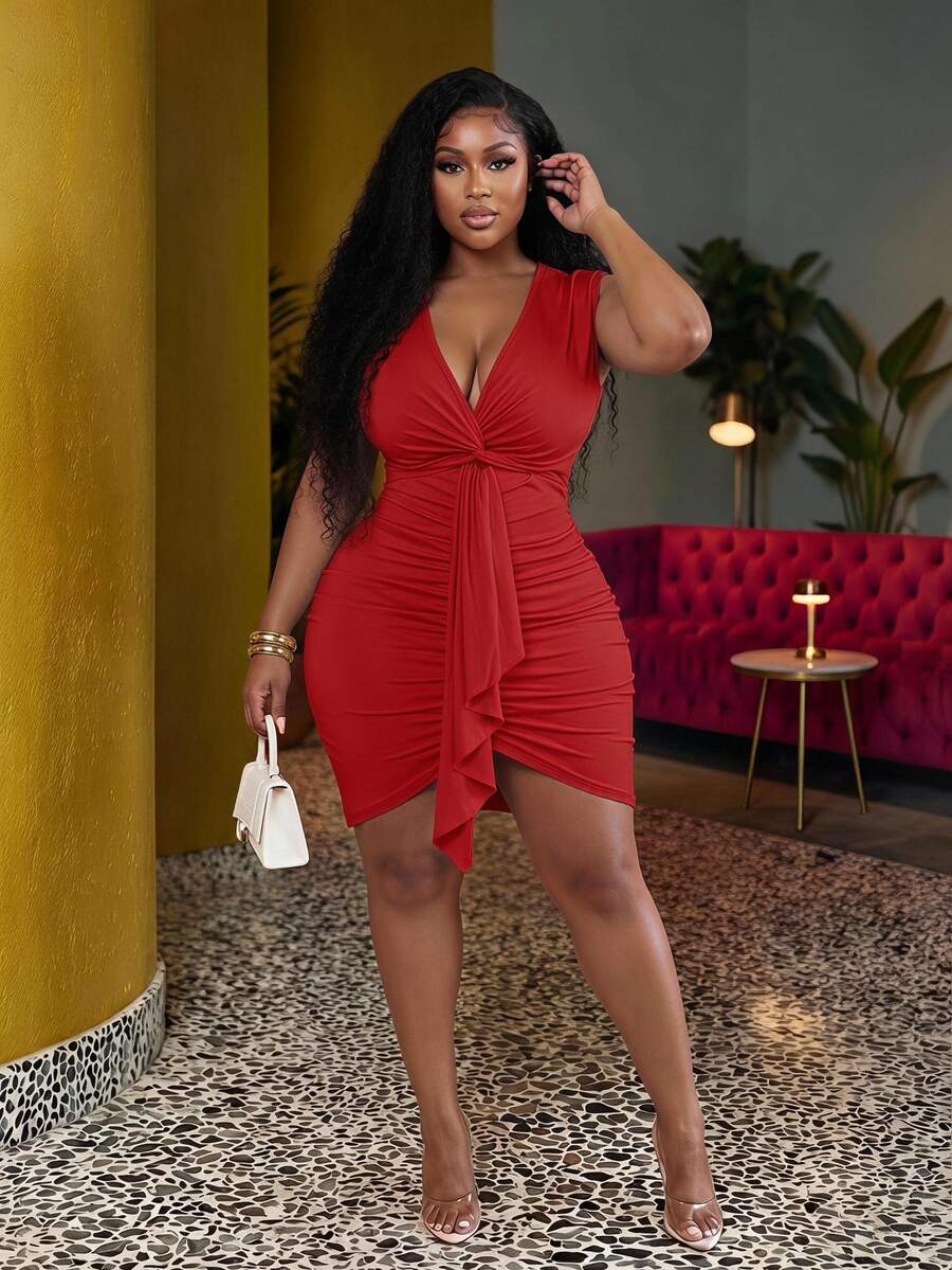 Veslaya Plus Size Elegant & Party & Dating Form-Fitting Solid Pink Dress With Chest Twist, Ruched Waist And Tie Belt Details, Mini Length, Spring/Summer - Red - View 1