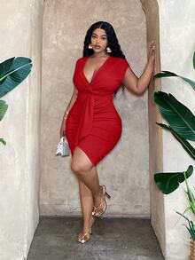 Veslaya Plus Size Elegant & Party & Dating Form-Fitting Solid Pink Dress With Chest Twist, Ruched Waist And Tie Belt Details, Mini Length, Spring/Summer - Red - View 3