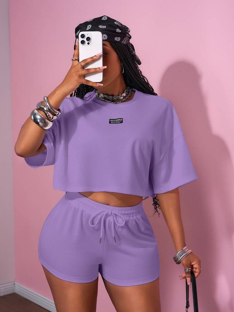Veslaya Summer Purple Women's 2 Pieces Short Sets Casual Traditional Gym Sports Round Neck Short Sleeve T-Shirt And Ultra-Short Shorts Plus Size Suit Office - Purple - View 6