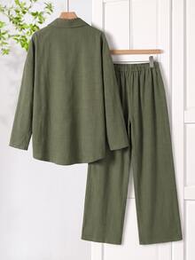 Rusticease 女款葉片刺繡圖案單排扣長袖上衣與長褲休閒日常居家套裝 秋季穿搭 綠色與白色 橄欖綠 - 綠色 - 查看 2