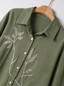 Rusticease 女款葉片刺繡圖案單排扣長袖上衣與長褲休閒日常居家套裝 秋季穿搭 綠色與白色 橄欖綠 - 綠色 - 查看 6
