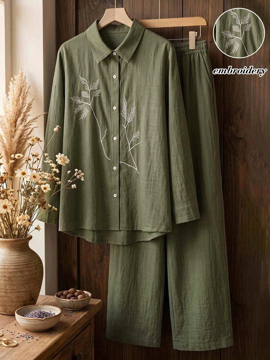 Rusticease 女款葉片刺繡圖案單排扣長袖上衣與長褲休閒日常居家套裝 秋季穿搭 綠色與白色 橄欖綠 - 綠色 - 查看 1