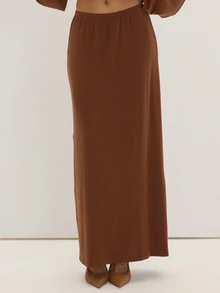 Brown Chocolate Jersey Elastic Waist Maxi Skirt Casual Comfortable Effortless Date Night Office Elegant Commute Party Romantic Museyn Feminina - Brown - View 2
