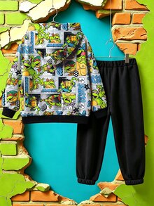 TEENAGE MUTANT NINJA TURTLES | SHEIN 青少年男孩卡通印花連帽衛衣與黑色運動長褲 春/秋套裝 - 黑色 - 查看 2