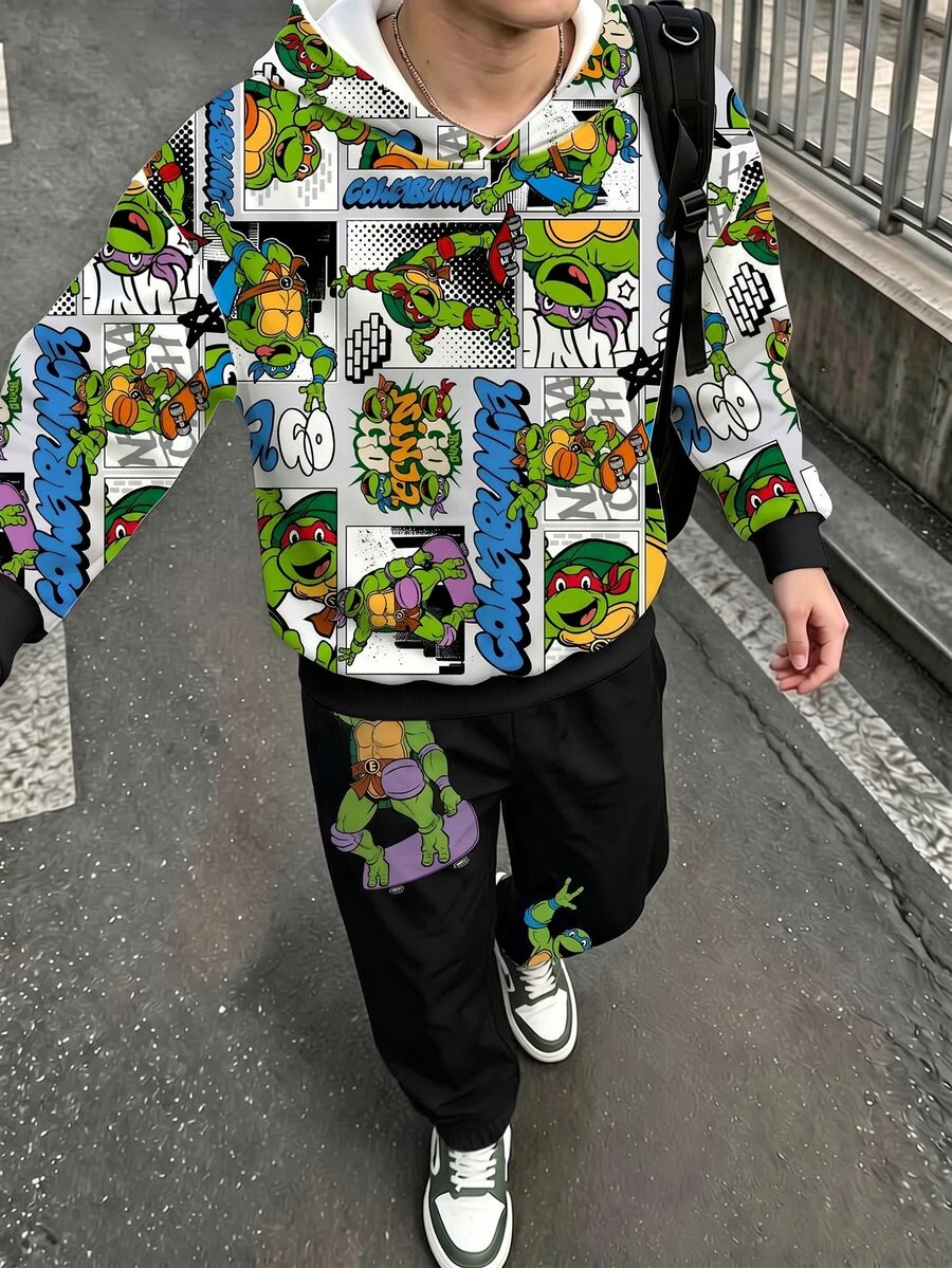 TEENAGE MUTANT NINJA TURTLES | SHEIN 青少年男孩卡通印花連帽衛衣與黑色運動長褲 春/秋套裝 - 黑色 - 查看 1