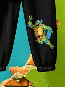 TEENAGE MUTANT NINJA TURTLES | SHEIN 青少年男孩卡通印花連帽衛衣與黑色運動長褲 春/秋套裝 - 黑色 - 查看 5