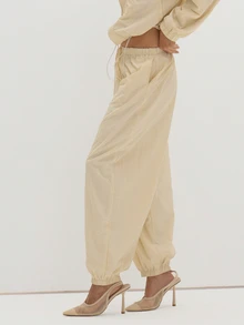 MUSEYN Beige Balloon Ruched Elastic Waistband Pants Statement Fashion-Forward Everyday Office Sports Summer New Season Capsule Wardrobe Casual - Apricot - View 3