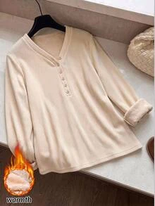 Rusticease Winter Fall Warmth Women's Solid Color V-Neck Button Half-Placket Long Sleeve Casual Top Home Everyday Beige - Khaki - View 3