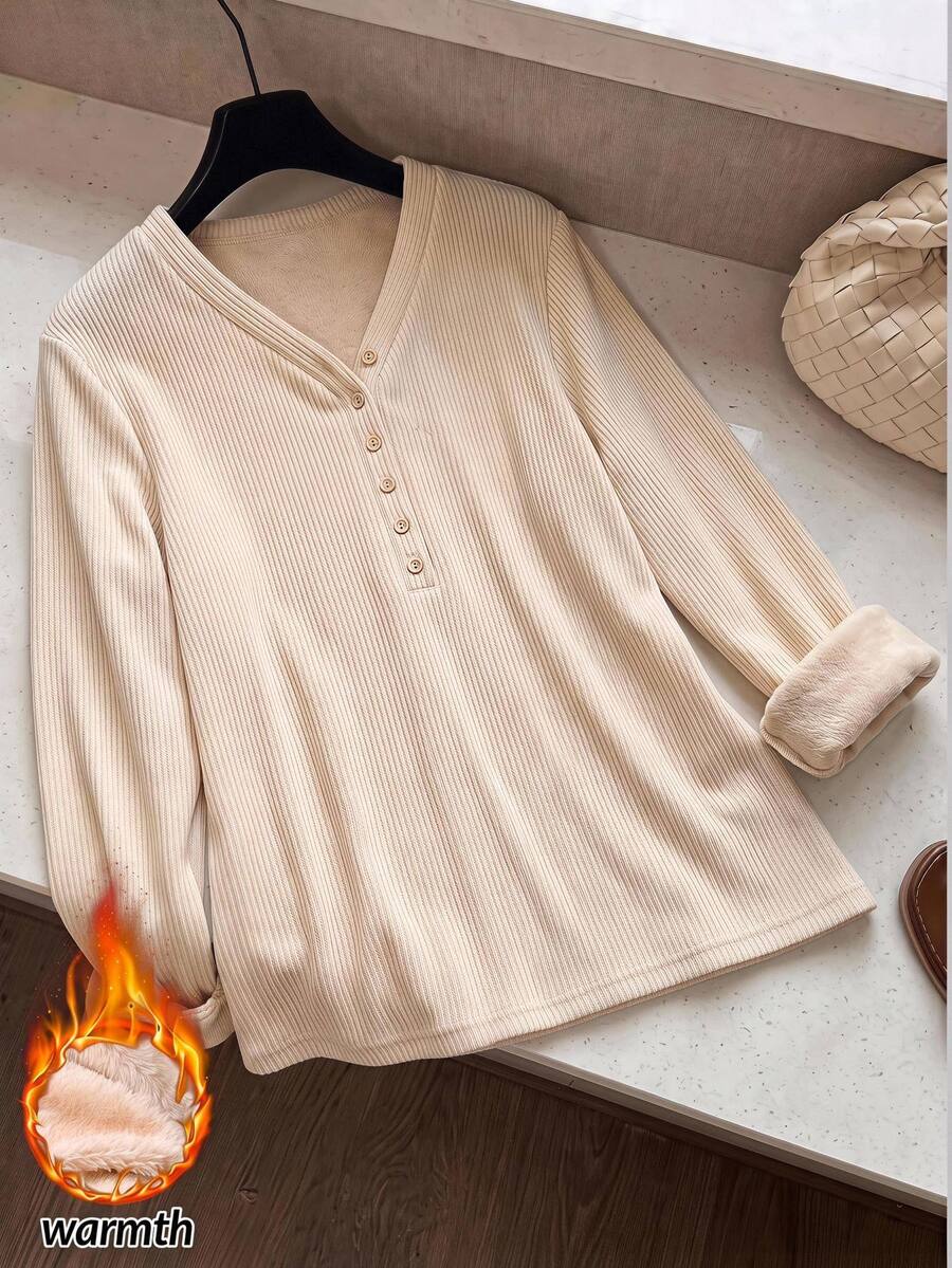 Rusticease Winter Fall Warmth Women's Solid Color V-Neck Button Half-Placket Long Sleeve Casual Top Home Everyday Beige - Khaki - View 1