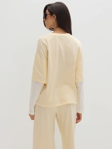 MUSEYN Cream Contrast Jersey Crew Neckline Long Sleeve Oversized T-Shirt Casual Comfortable Effortless Everyday Day Out Fall - Light Yellow - View 4