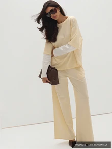 MUSEYN Cream Contrast Jersey Crew Neckline Long Sleeve Oversized T-Shirt Casual Comfortable Effortless Everyday Day Out Fall - Light Yellow - View 2