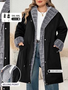 SHEIN CURVE+ Plus Size Women's Hooded Long Sleeve Cinched Waist Casual Winter Jacket Fall - Black - View 7