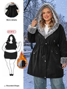 SHEIN CURVE+ Plus Size Women's Hooded Long Sleeve Cinched Waist Casual Winter Jacket Fall - Black - View 1