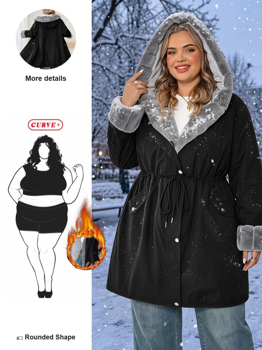 SHEIN CURVE+ Plus Size Women's Hooded Long Sleeve Cinched Waist Casual Winter Jacket Fall - Black - View 1