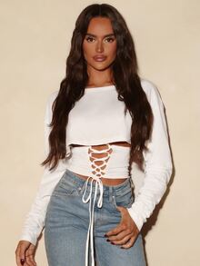 Sirith Women's Fashion Solid Color Criss-Cross Cropped T-Shirt - White - View 3