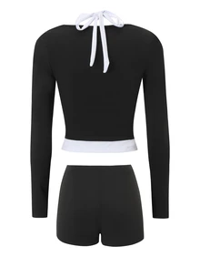 Sirith Women's New Sports Swimsuit Set, Black And White Contrast Color Long Sleeve Shorts, Suitable For Outdoor Sports, Gym Workout Outfit, Halter Square Neck Design, Walking, Running, Cycling - Multicolor - View 2